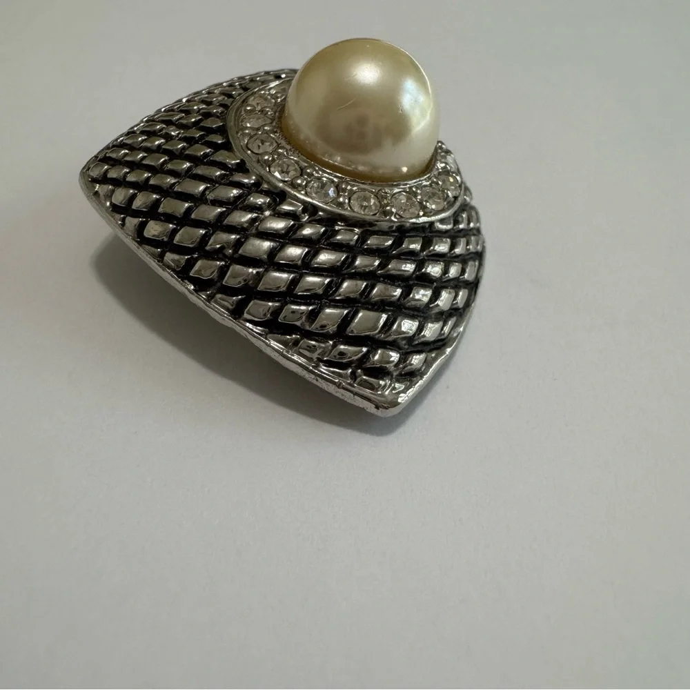 Vintage Faux Pearl Rhinestone Brooch Silver Tone Statement Bridal Scarf Coat Pin